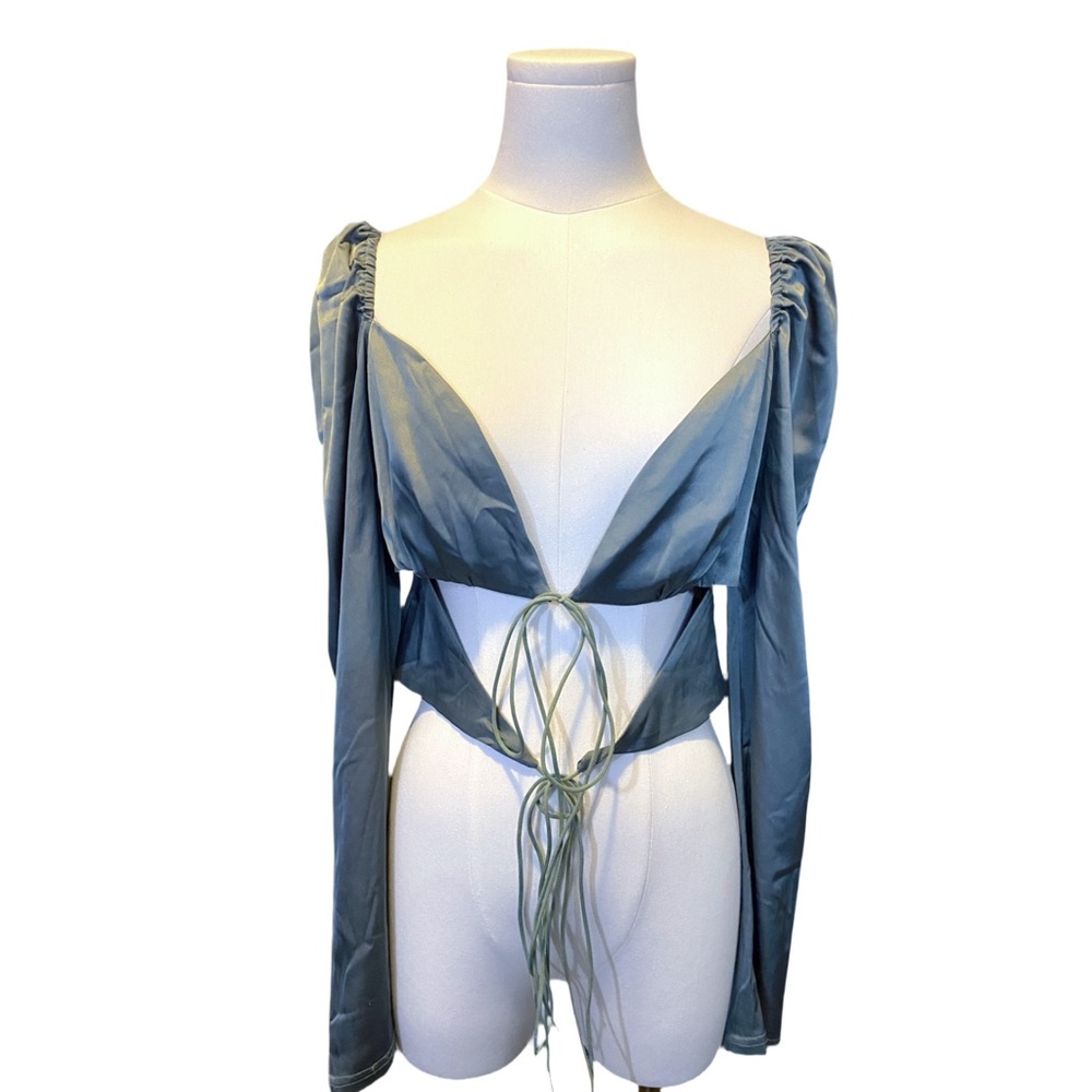 Elegant Sage Blue Women's Silky Tie Front Blouse